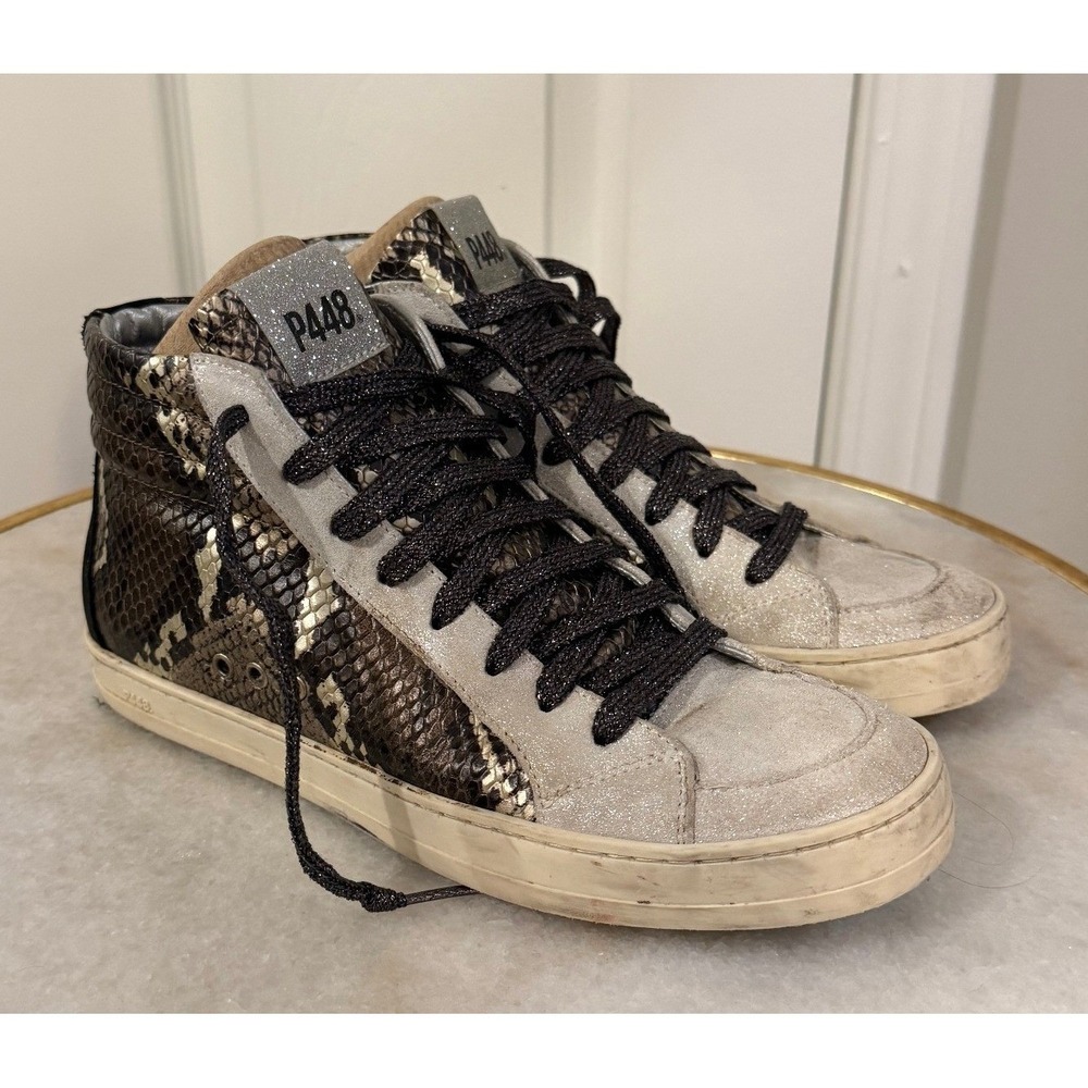 P448 Skate Brown Snakeskin Silver Glitter High Top Sneakers Size 37
